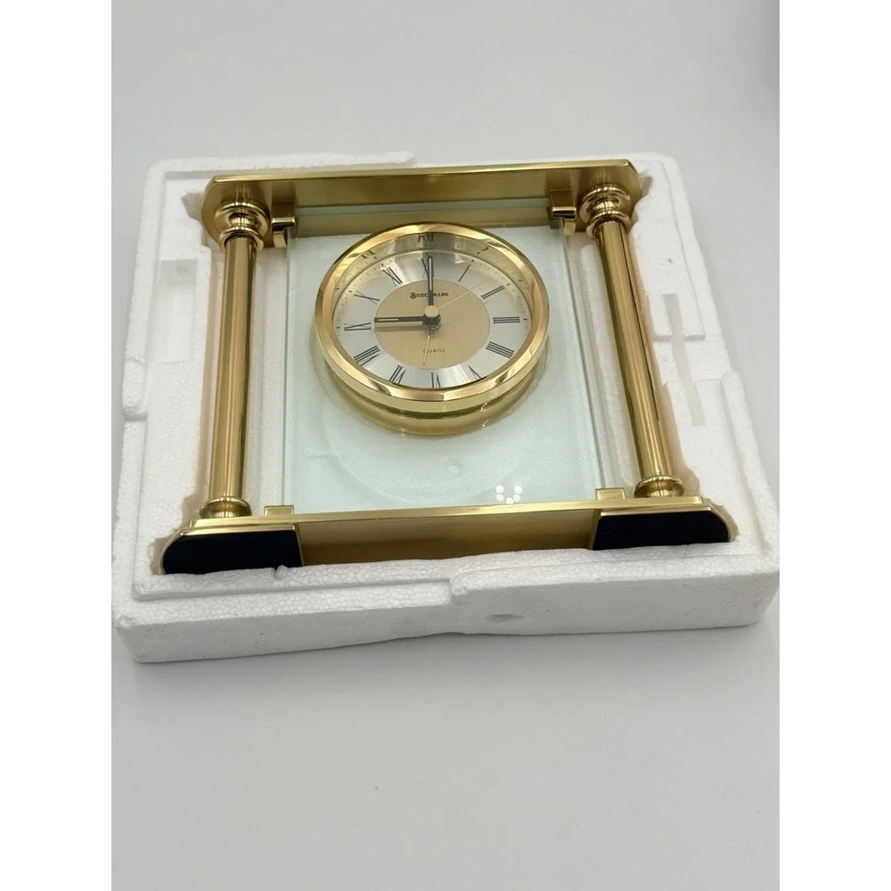Vintage 90s Benchmark PageNet Glass Pillar Quartz Desk Clock Gold Tone Working